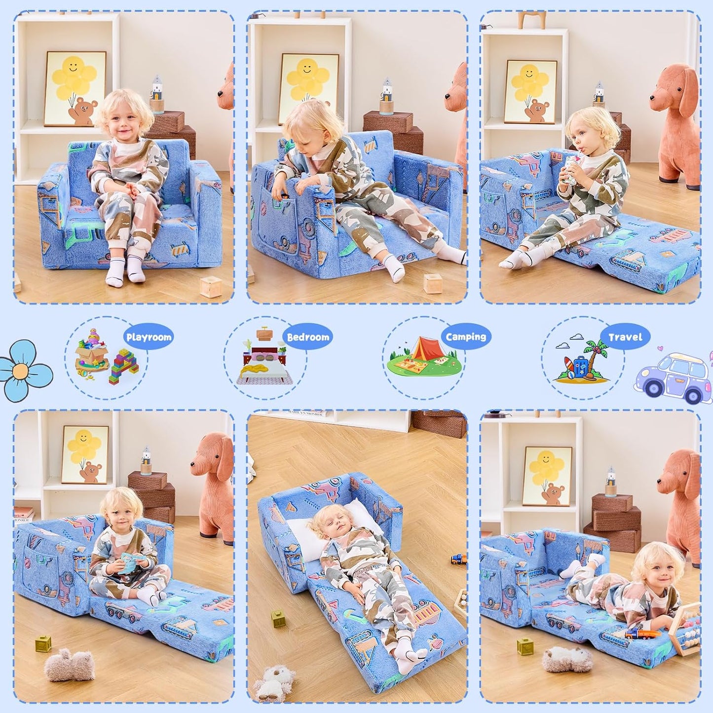 Toddler Chair Comfy,2-in-1 Soft Toddler Couch Fold Out for Kids,Convertible Sofa to Lounger,Gift for Girls and Boys Birthday,Truck