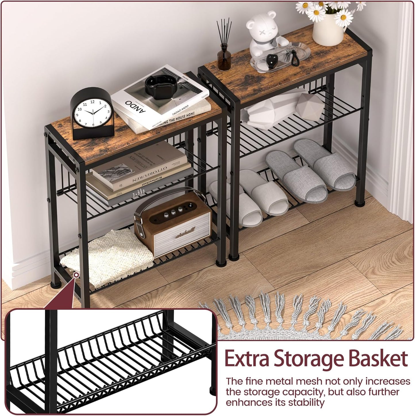 Narrow Side Table for Small Space, 3-Tier End Table with Magazine Holder,Slim Nightstand with Wire Shelf, Skinny Bedside Table in Living Room, Bedroom, Study, Kitchen and Balcony (Rustic Brown)