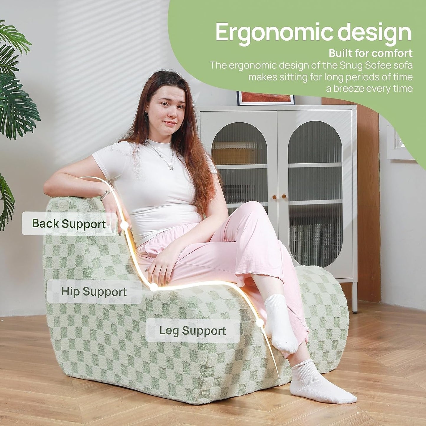 Giant Bean Bag Chair for Adults with Ottoman, Teddy Fabric Beanbag Chair with Memory Foam Filled,Plush Lazy Floor Sofa with Footstool Couch for Living Room,Bedroom,Dorm, Apartment, Green