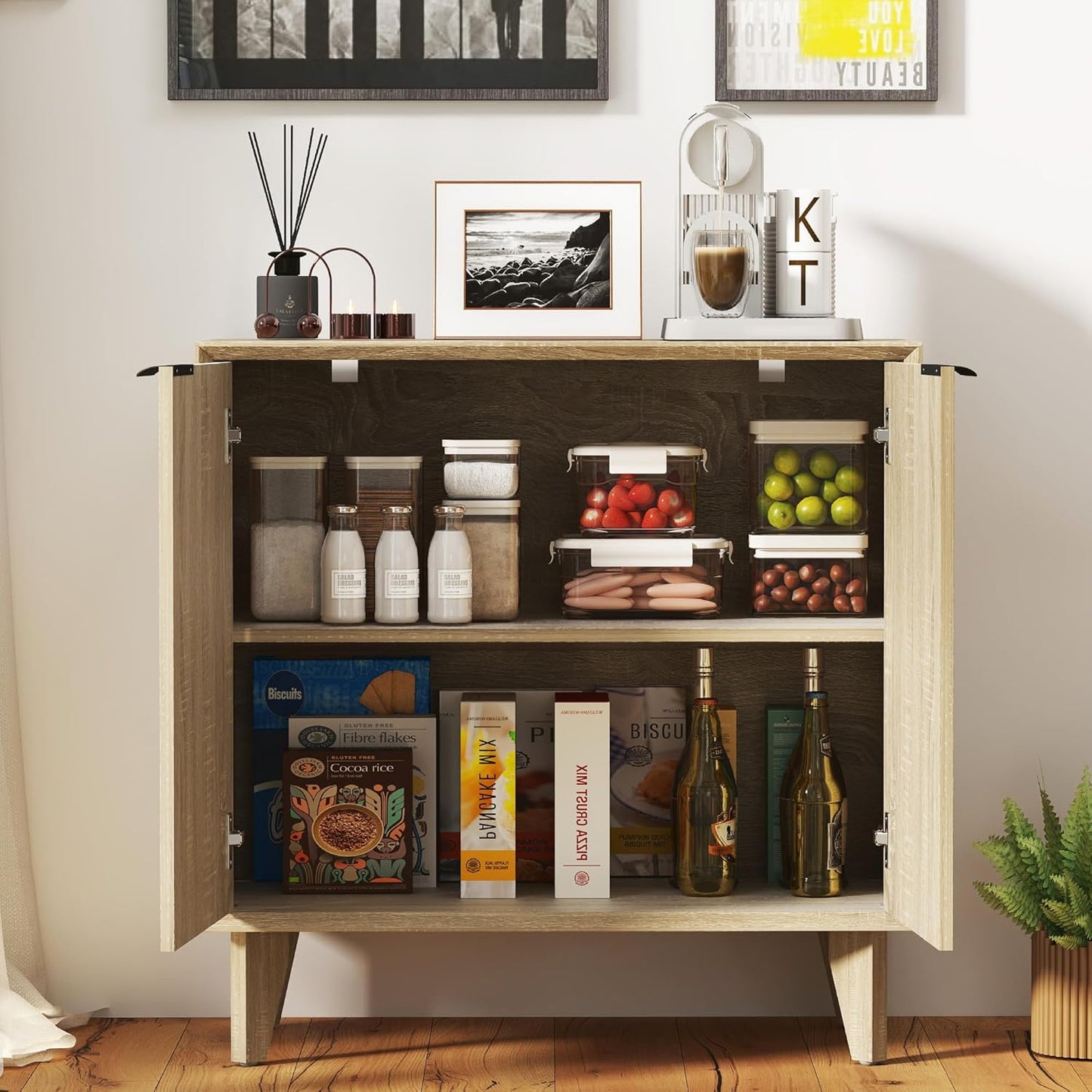 Fluted Cabinet with Storage, Small Buffet Storage with Doors, Buffet Sideborad Accent Cabinet with Adjustable Shelves for Living Room, Kitchen, Entry, Hallway, Natural