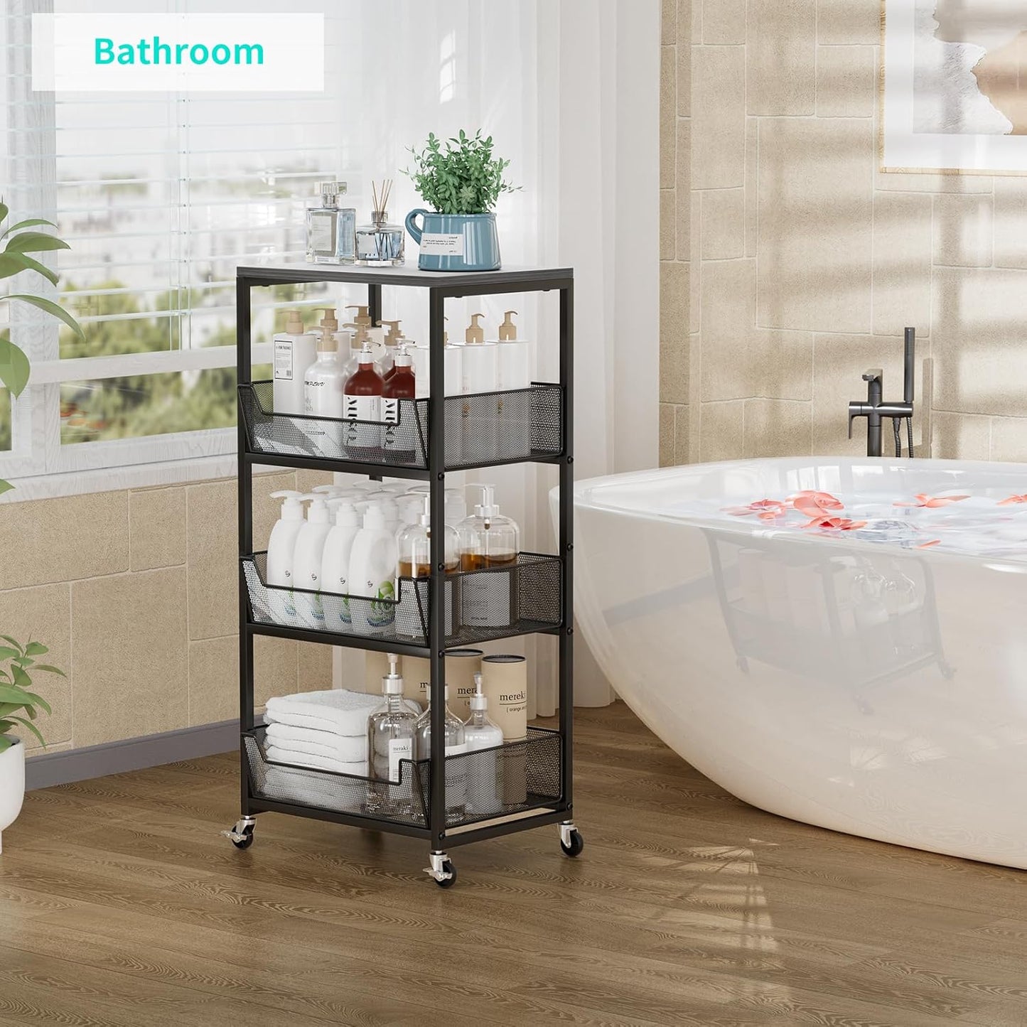 HapiRm Fruit Basket Kitchen Cart - 4-Tier Rolling Storage Cart with Wheels, Fruit Vegetable Basket with Wood Top, Pantry Utility Kitchen Organizer for Fruit Potato Onion Vegetable Bread Snack