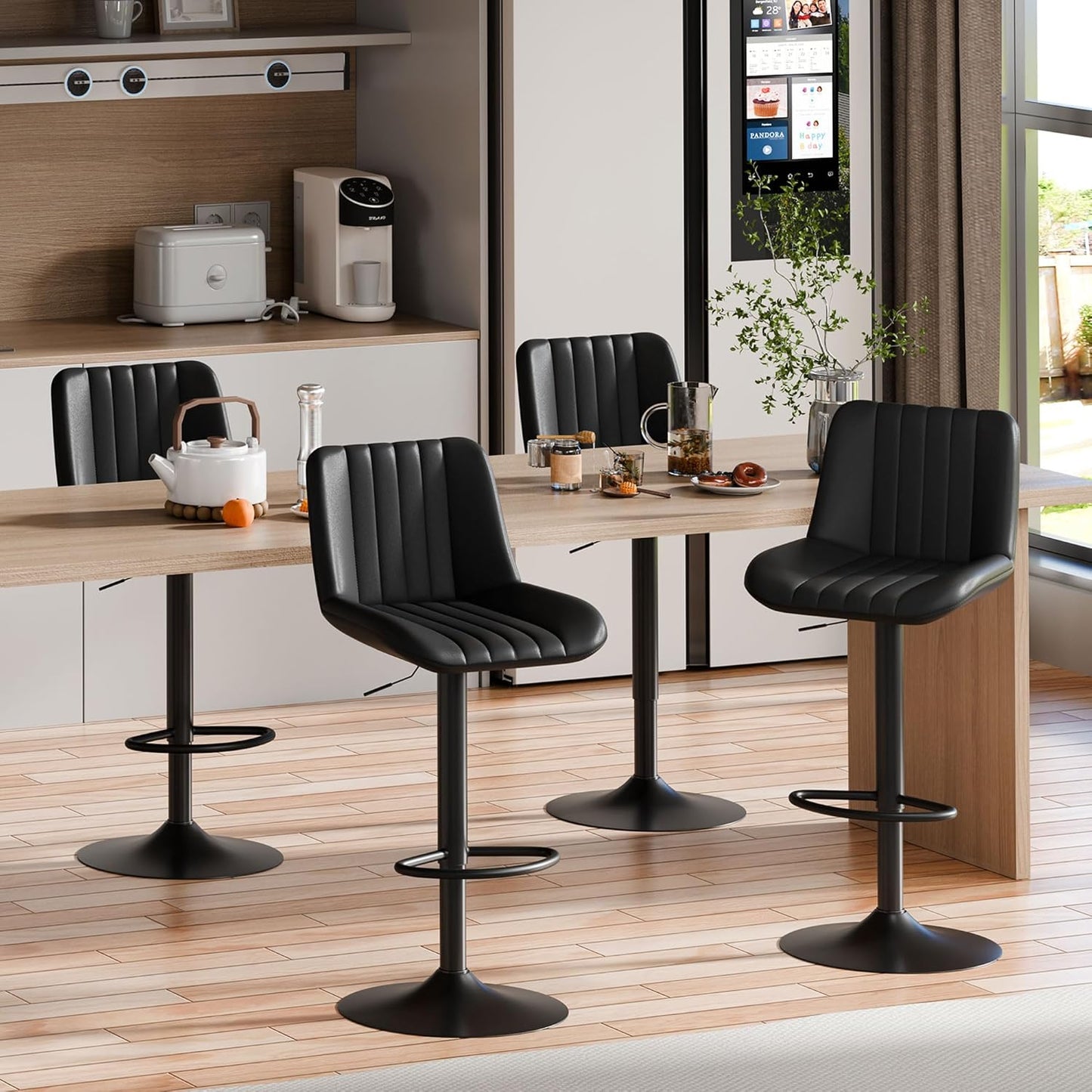 Shintenchi Swivel Bar Stools Set of 4, Adjustable Faux Leather Upholstered Swivel Counter Stools, Armless Bar Height Island Chairs with Back and Footrest, Black