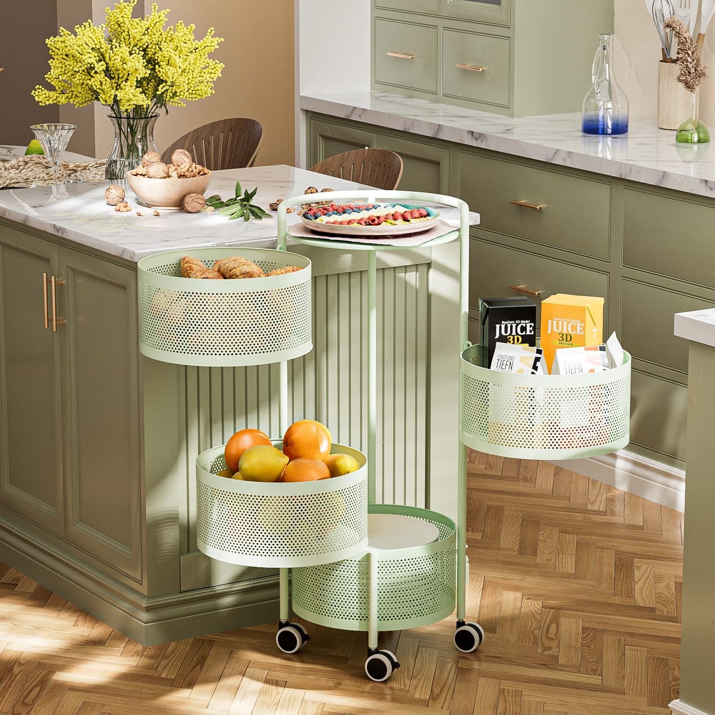 JAQ Kitchen Storage Rack No Assembly, 4-Tier Metal Storage Tower Basket Shelves Organizer on Rolling Wheels with Removal Drawers for Fruit Vegetable Grocery Corns Potato Onion (4-Tier, Green)