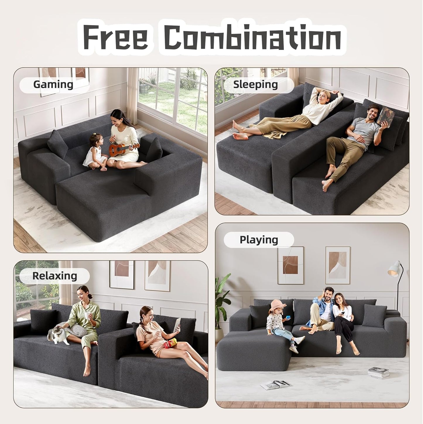 Cloud Sectional Couch, 104”L-Shape Oversized Sofa with Right Chaise Lounge, Modular Sleeper Couch with Pillows & Deep Seat, Rain Drop Velvet Fabric Compressed Sofa for Living Room, Dark Gray