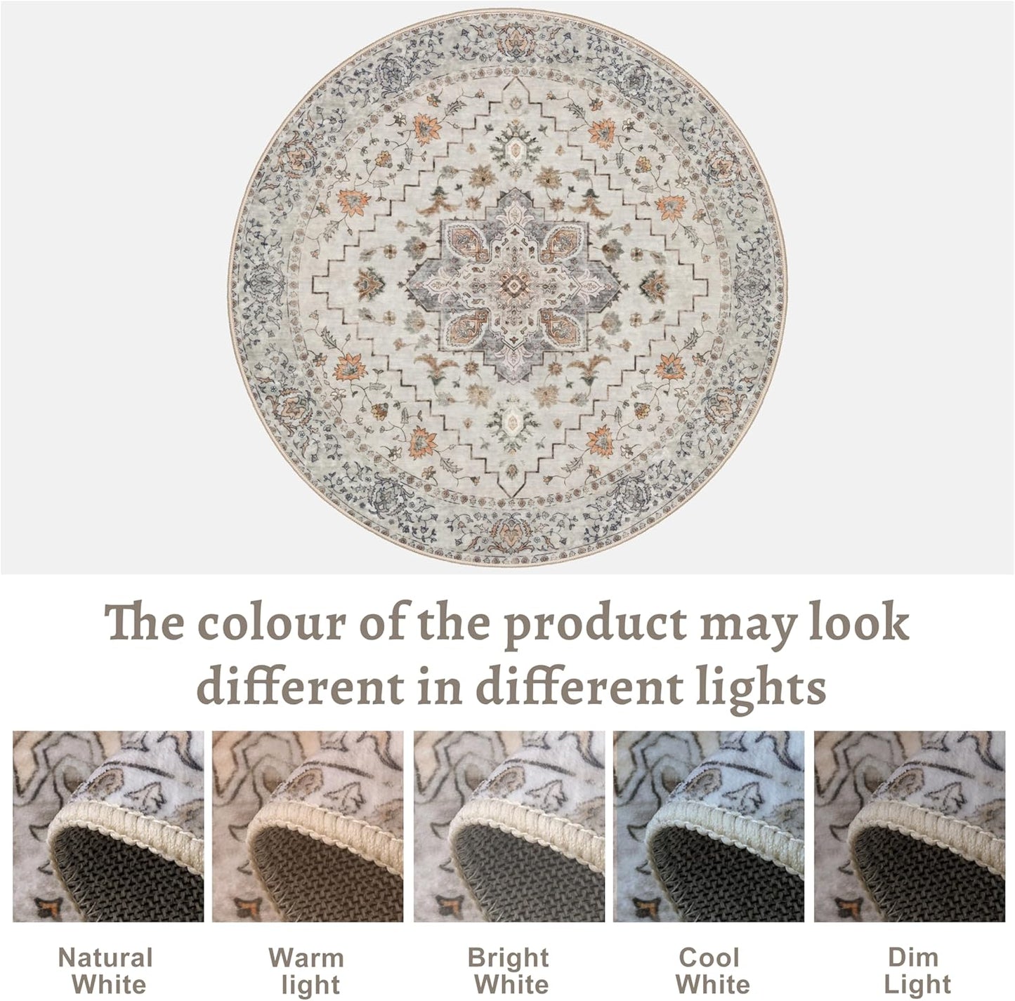 Tangsoo Vintage Round Rug 6ft,Washable Circle Rug, Non Slip Boho Round Area Rug,Low Pile Circular Rugs,Large Round Rugs Carpet for Livingroom,Bedroom,Nursery,Dorm,Office,Taupe