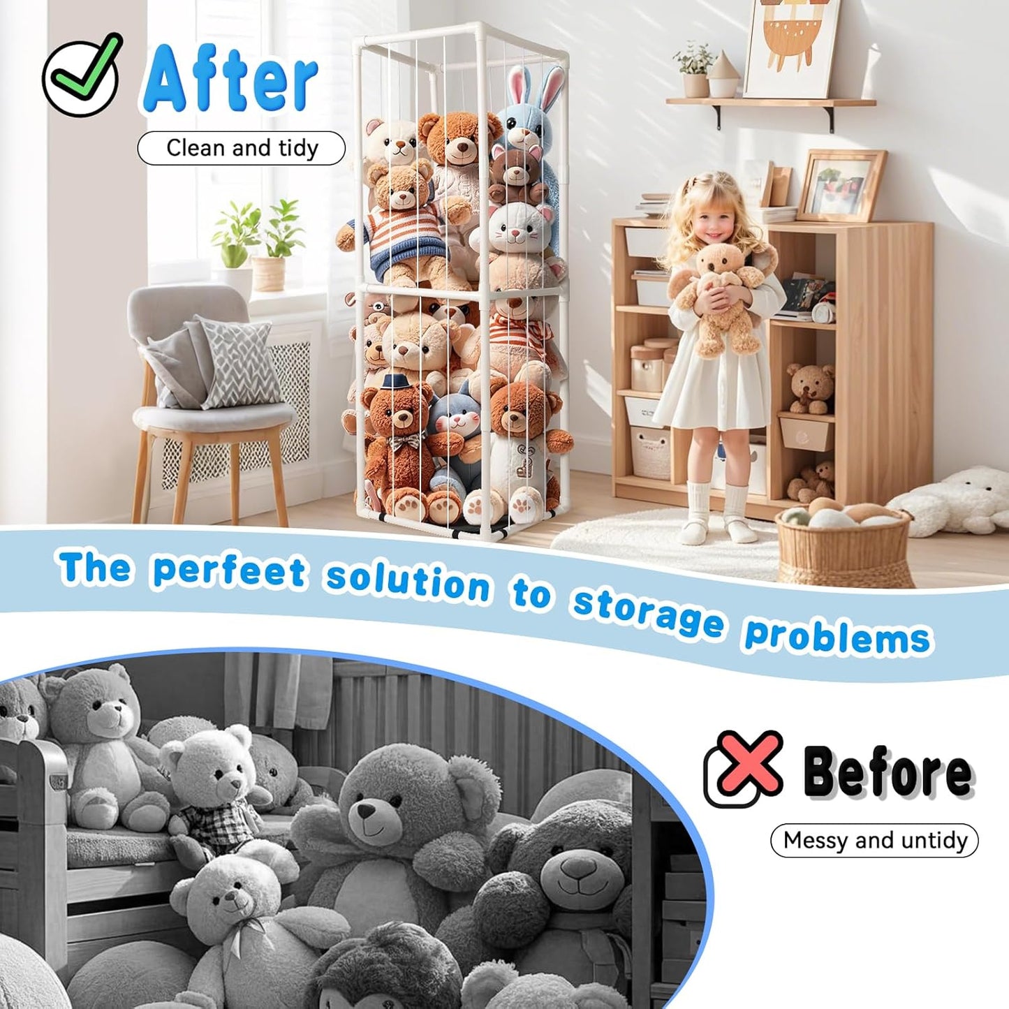 Stuffed Animal Zoo Storage - Tall PVC Material Toy Organizer with Elastic Cords & Shelf, Space-Saving Plushie Playhouse for Nursery, Playroom, Kids Bedroom - Easy Assembly