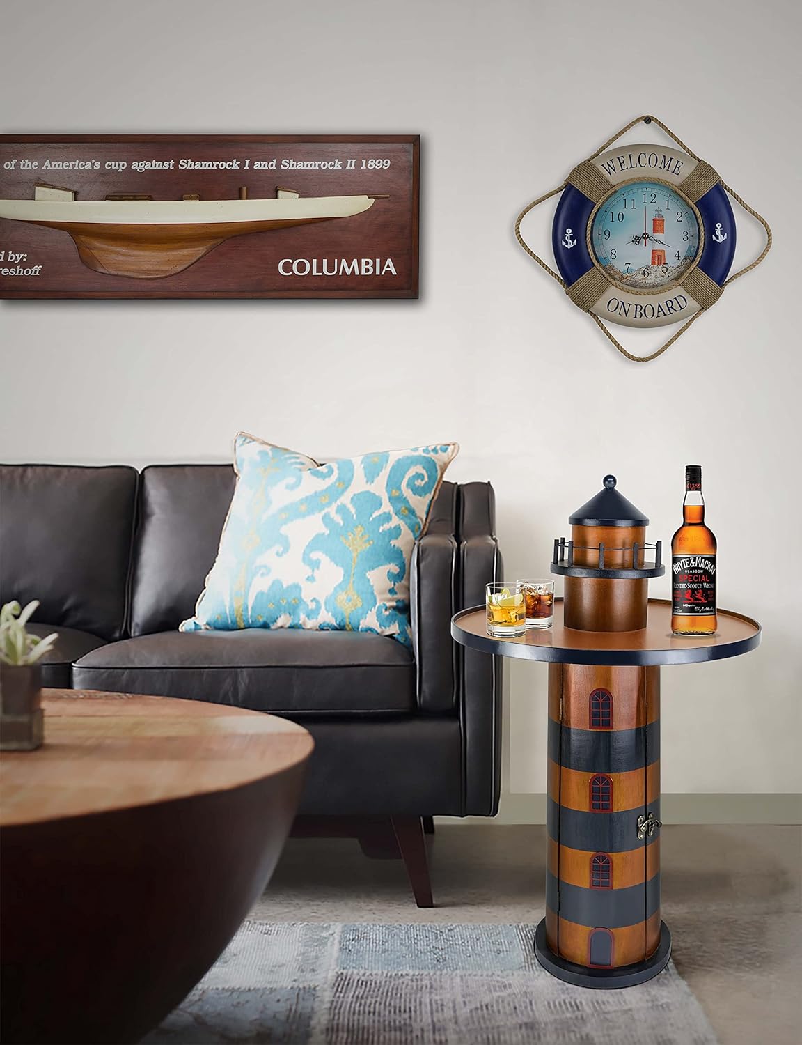 SAILINGSTORY Wooden Lighthouse Nautical Round Coffee Table Beach Coastal End Table Side Table with Storage