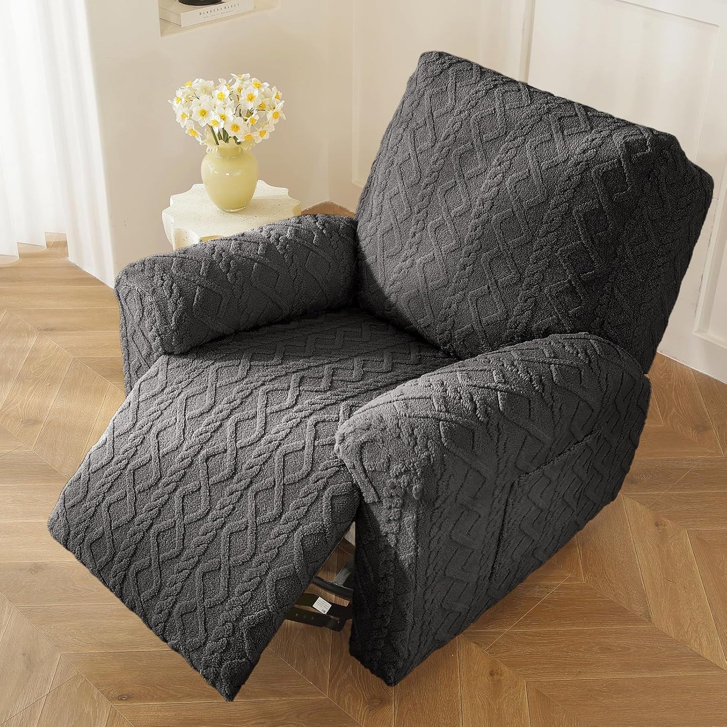 vctops 4 Pieces Geometric Jacquard Plush Recliner Slipcovers Soft Fuzzy Fluffy Sofa Couch Cover Anti-Slip Furniture Protector with Elastic Bottom for Kids Cats Dogs(Dark Grey,1 Seat)