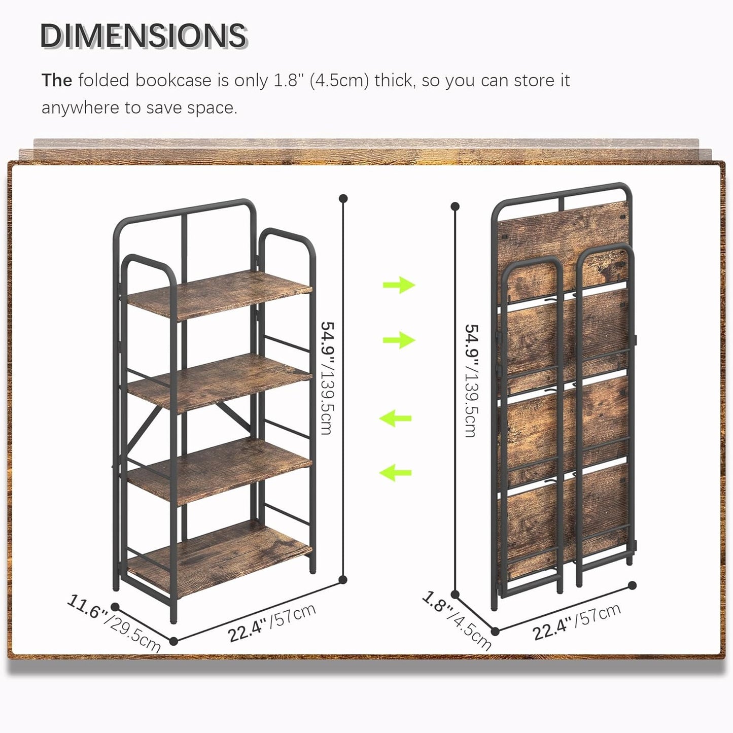 4NM No Assembly Folding Bookshelf 4 Tiers Vintage Industrial Black Book Shelf Metal Foldable Storage Bookcase and Bookshelves for Living Room,Bedroom and Kitchen - Rustic Brown