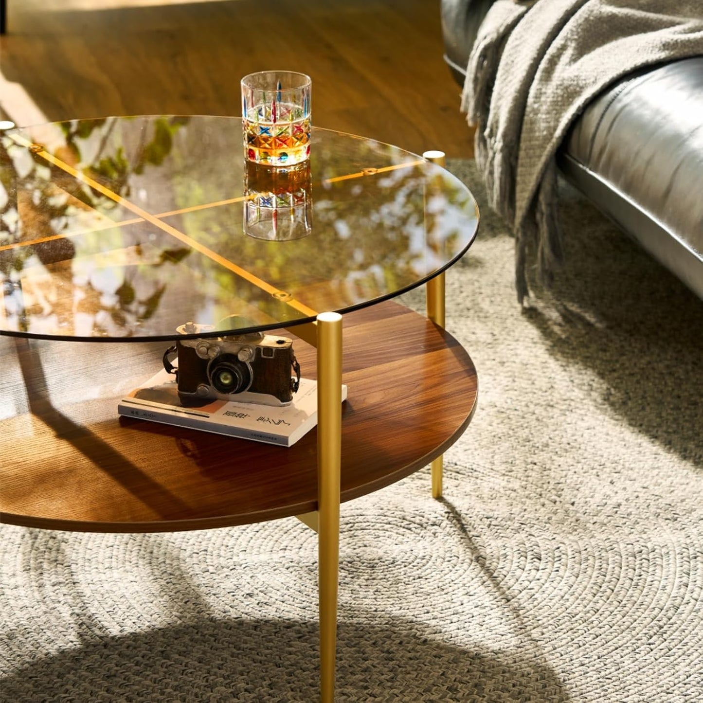 Saint Mossi Glass Round Coffee Table for Living Room, Middle-Century Modern Style, Coffee Brown Glass Top & Walnut Brown MDF Wood Top, with Gold Finish Legs & Frame