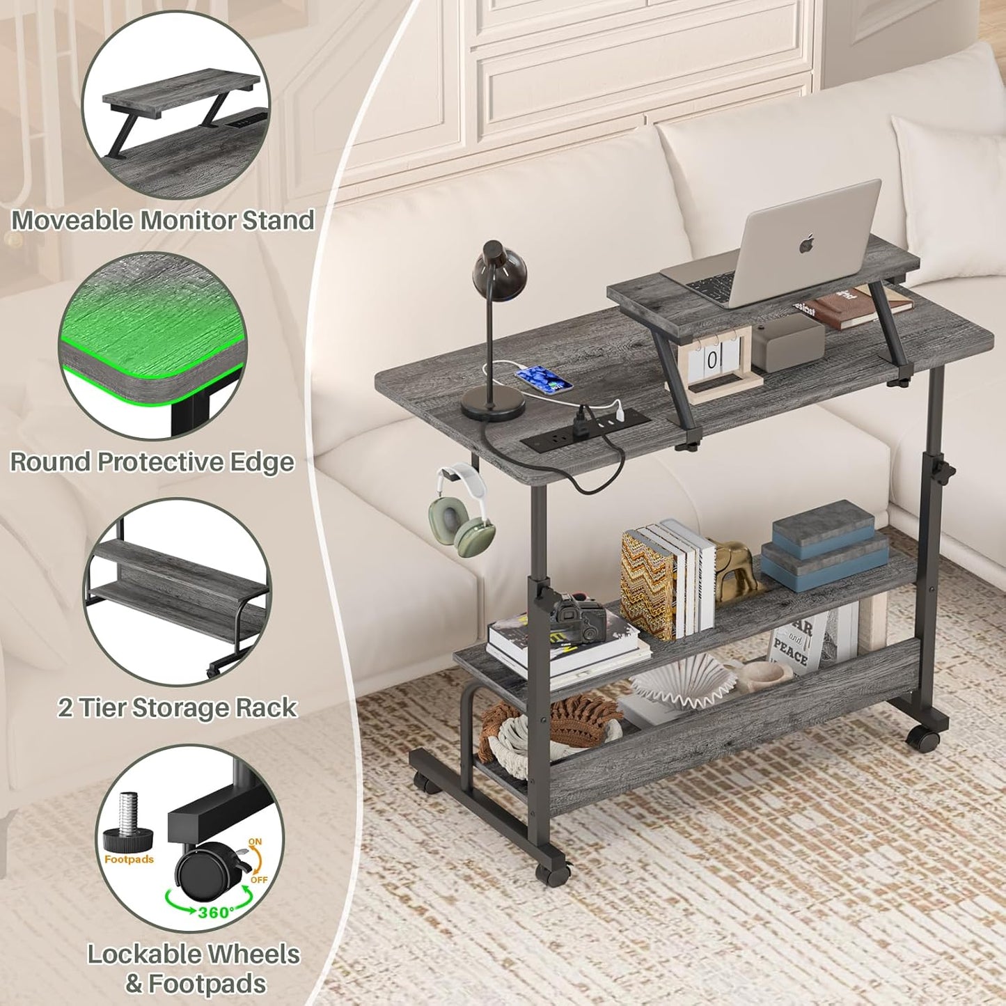 Height Adjustable Standing Desk with Power Outlets and LED Lights - 32" Manual Stand Up Desk with Monitor Stand and Storage Shelves Small Mobile Rolling Computer Desk Portable Laptop Table, Grey Oak