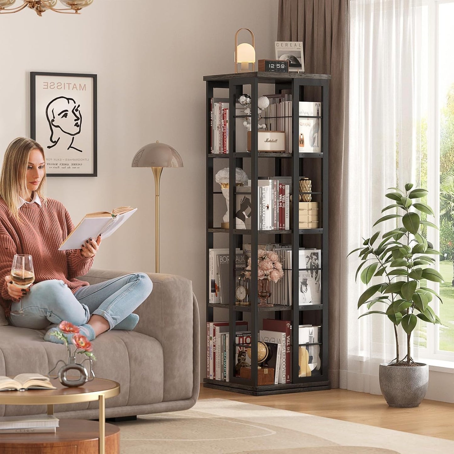 Aheaplus Rotating Bookshelf, 4-Tier Corner Bookshelf, 360 Display Wood Spinning Bookshelf, Floor Standing Bookcase Narrow Shelf Revolving Organizer Storage Rack for Small Space, Grey Oak