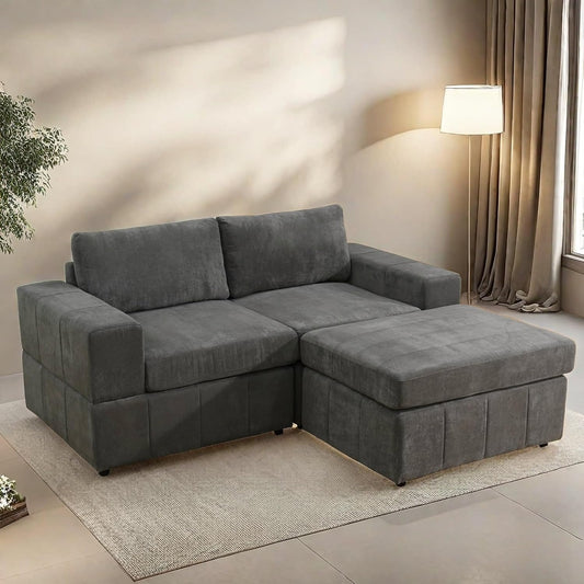 Loveseat Sofa with Ottoman, 74″ Modern Sectional Couches with Deep Seat, Small L Shaped Couch with Chaise for Living Room Bedroom, Brown