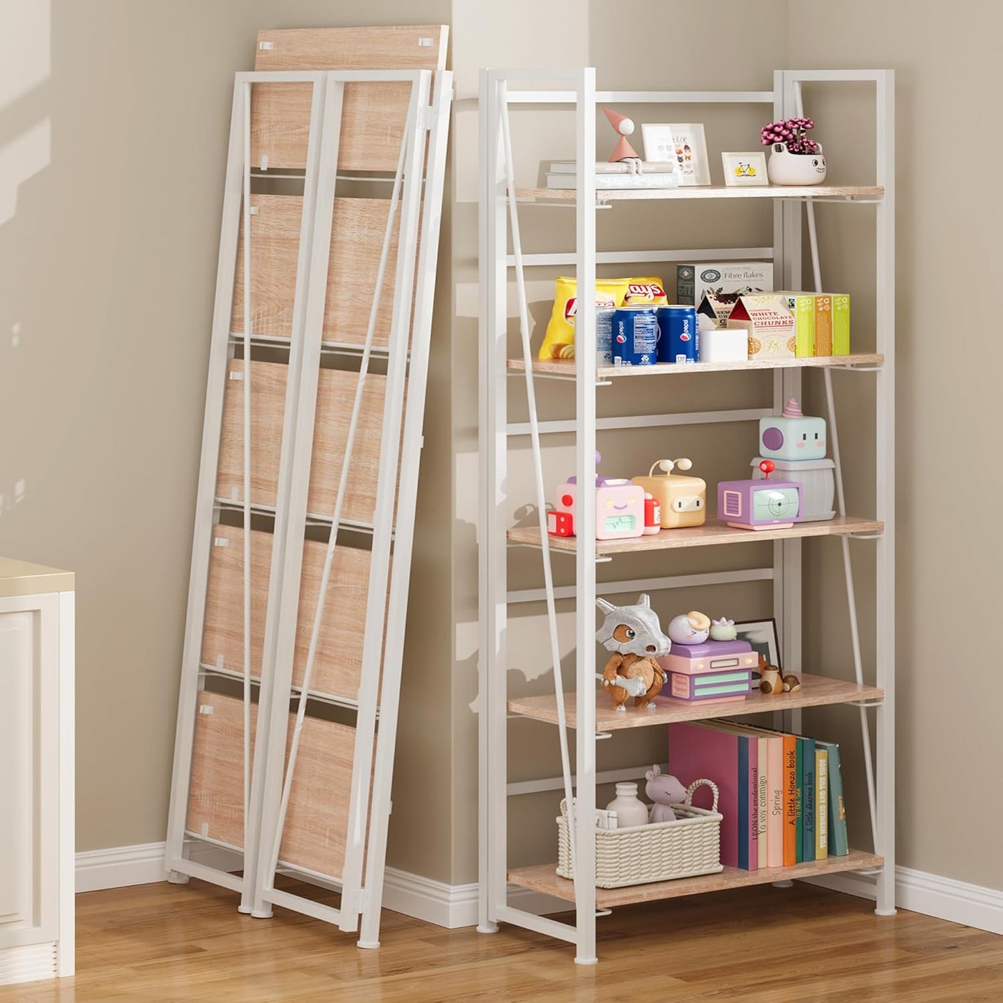 BHG Vintage Multifunctional Folding Bookshelf, No-Assembly Plant Stand Storage Rack Shelves for Home Office (White, 5-Tier)