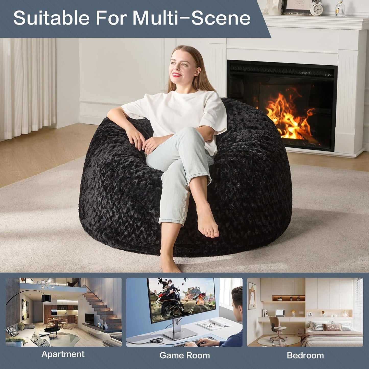 Hobestluk 3ft Bean Bag Chairs for Adults Large Beanbag Chair with Chevron Plush Fur Cover Big Bean Bag Chair for Living Room Bedroom Dorm Office - Black (36” x 36” x 22”)