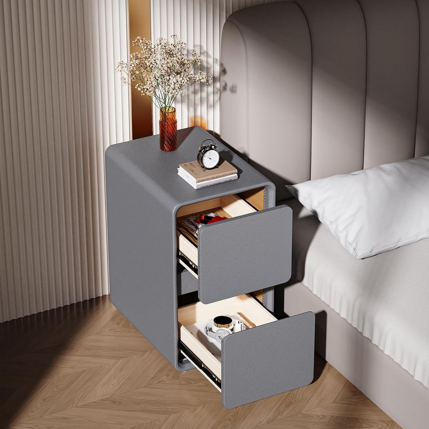 VICITON Modern Narrow Faux Leather Nightstand, Solid Wood Drawer, Storage Accent Table, Small Side End Table for Bedroom (Gray, Nomal(12 inch))