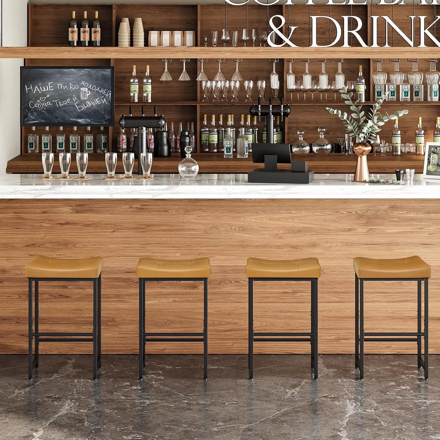 HOOBRO Bar Stools,25.4" Saddle Stools with PU Upholstery, Counter Height Stools with Footrest, Kitchen Breakfast Chairs, for Dining Room, Cafe, Bar, Brown and Black CB23BY01