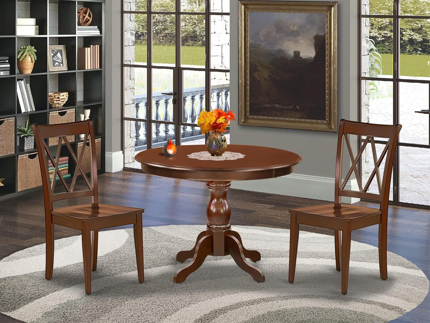 East West Furniture HBCL3-MAH-W 3 Piece Dinette Set for Small Spaces Contains a Round Dining Table with Pedestal and 2 Dining Chairs, 42x42 Inch, Mahogany