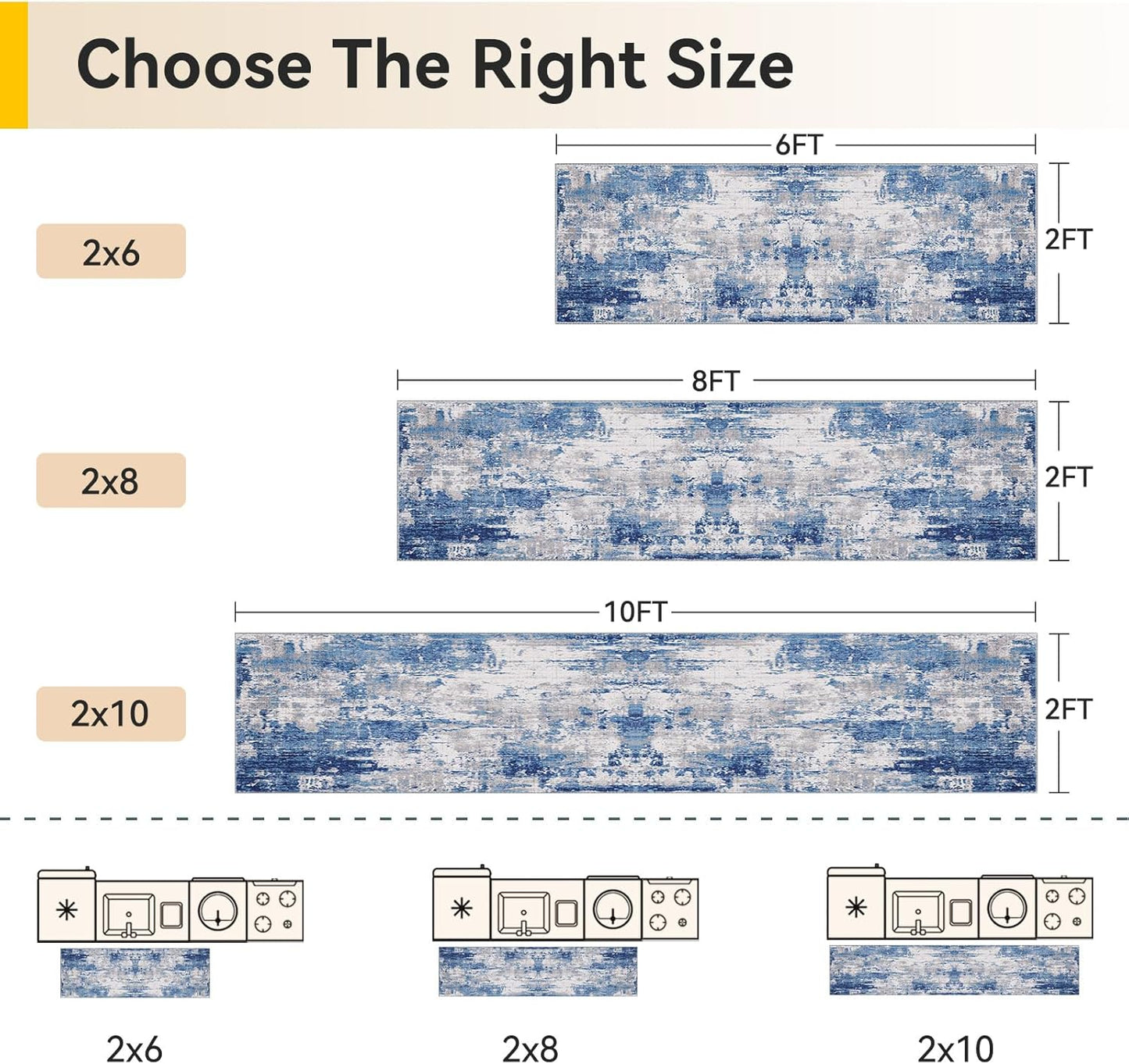 Washable Area Rugs 2'x6' Non-Slip Modern Abstract Soft for Living Room Entryway Bedroom Nursery, Print Pattern, Blue Grey Navy Gray