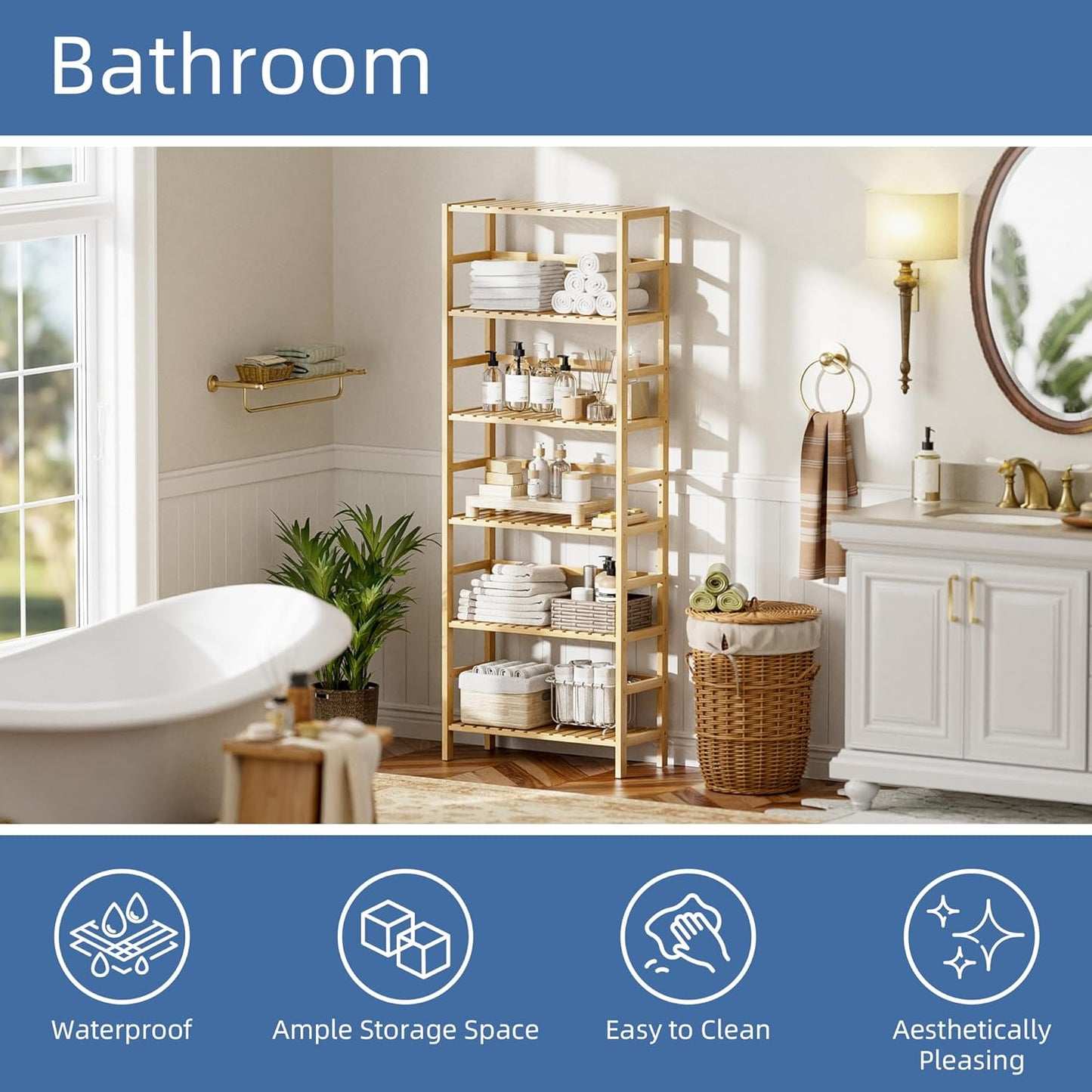 HITNET Bamboo Shelf, 6-Tier Adjustable Tall Open Bookcase, Bathroom Storage Rack Freestanding Shelving Unit, Plant Display Stand for Small Space, Natural