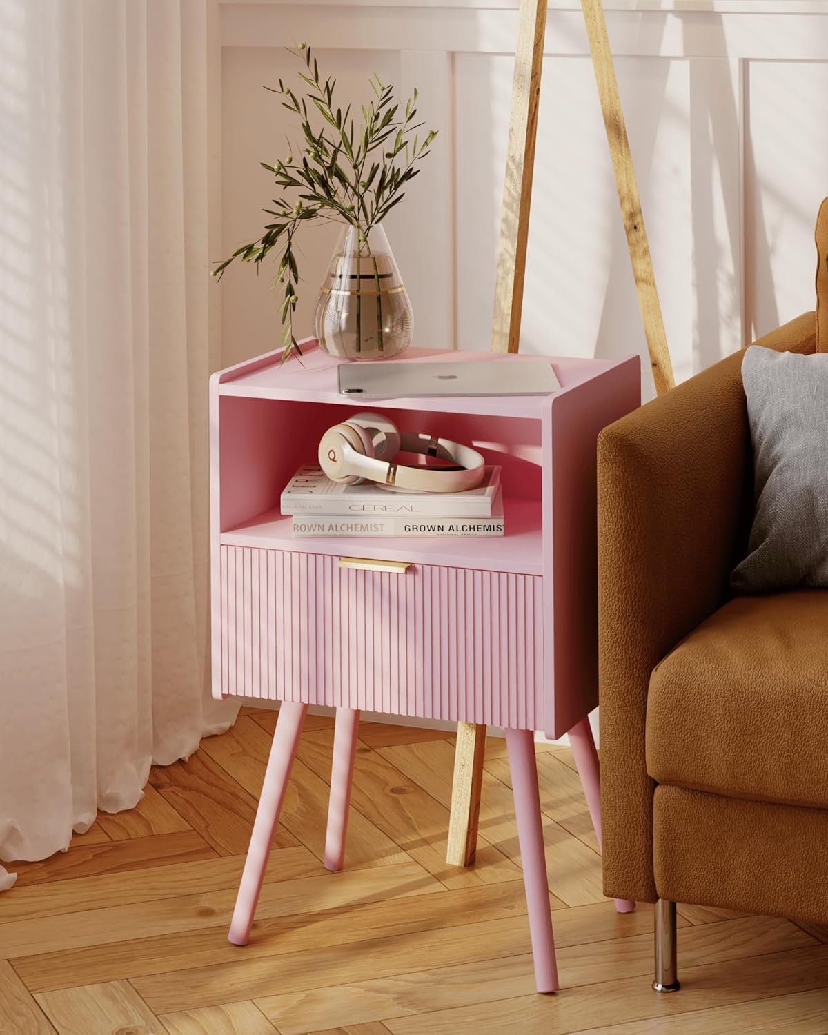Nightstand,Modern Bedside Table with Storage Drawer and Open Wood Shelf, for Living Room, Bedroom and Small Spaces, Accent Night Stand with Solid Wood Legs, Easy Assembly,Classic Pink
