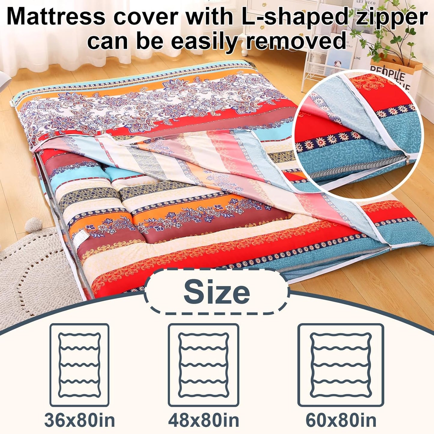 Bohemian Retro Japanese Floor Mattress, Vintage Floral Tatami Floor Mat, Portable Roll up Futon Mattress for Guest,Tavel (B,Full 80" X 47")