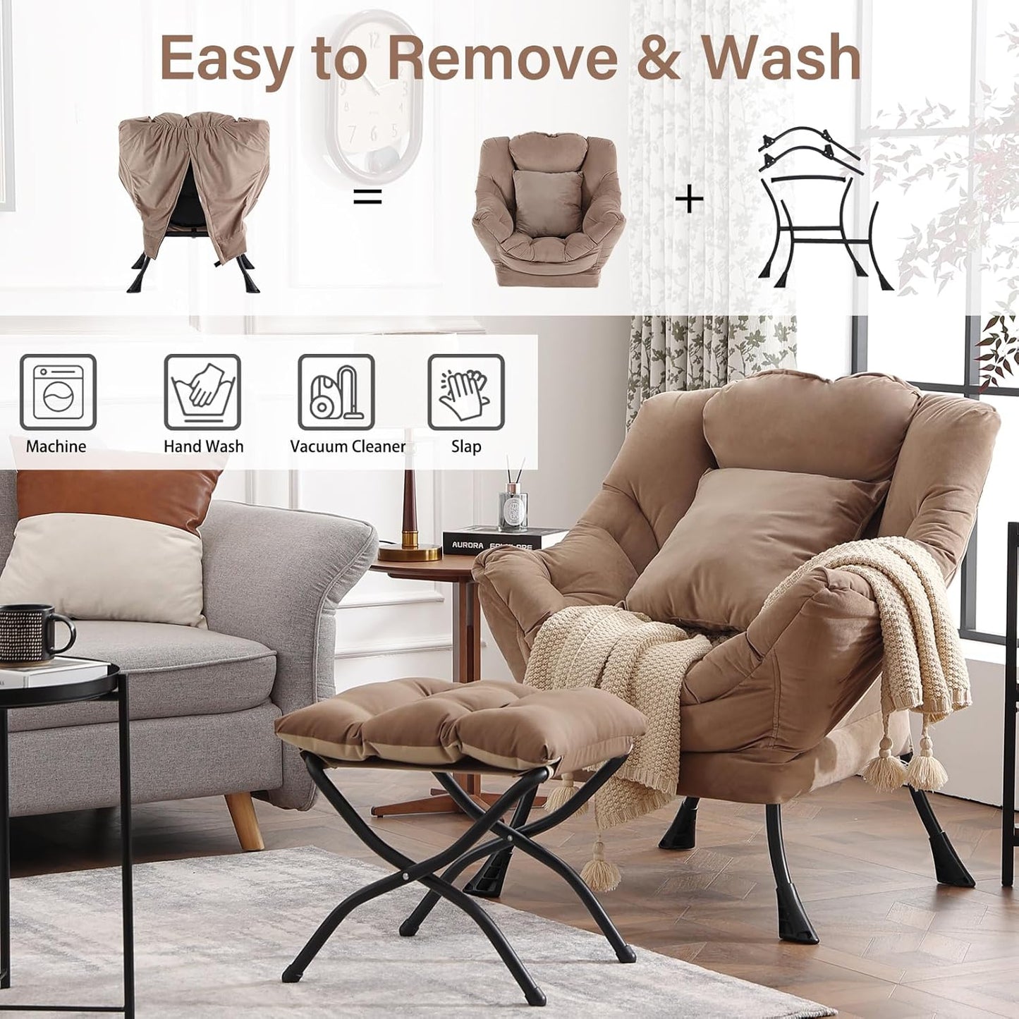 Lazy Chair with Ottoman, Reading Chair with a Pillow, Leisure Sofa Armchair with Ottoman, Large Accent Lounge Chair for Bedroom, Living Room, Dorm Room, Velvet Khaki