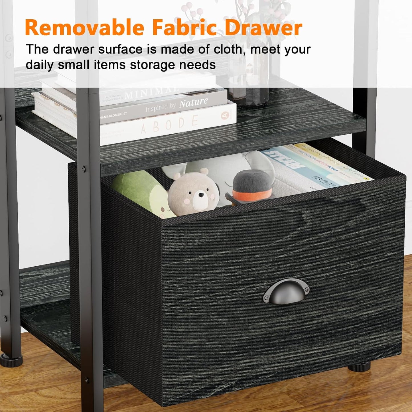 Furologee 4 Tier Bookshelf with Drawer, Small Narrow Bookcase, Wood and Metal Standing Shelf Unit, Industrial Display Storage Shelves Organizer for Bedroom, Living Room, Entryway, Black