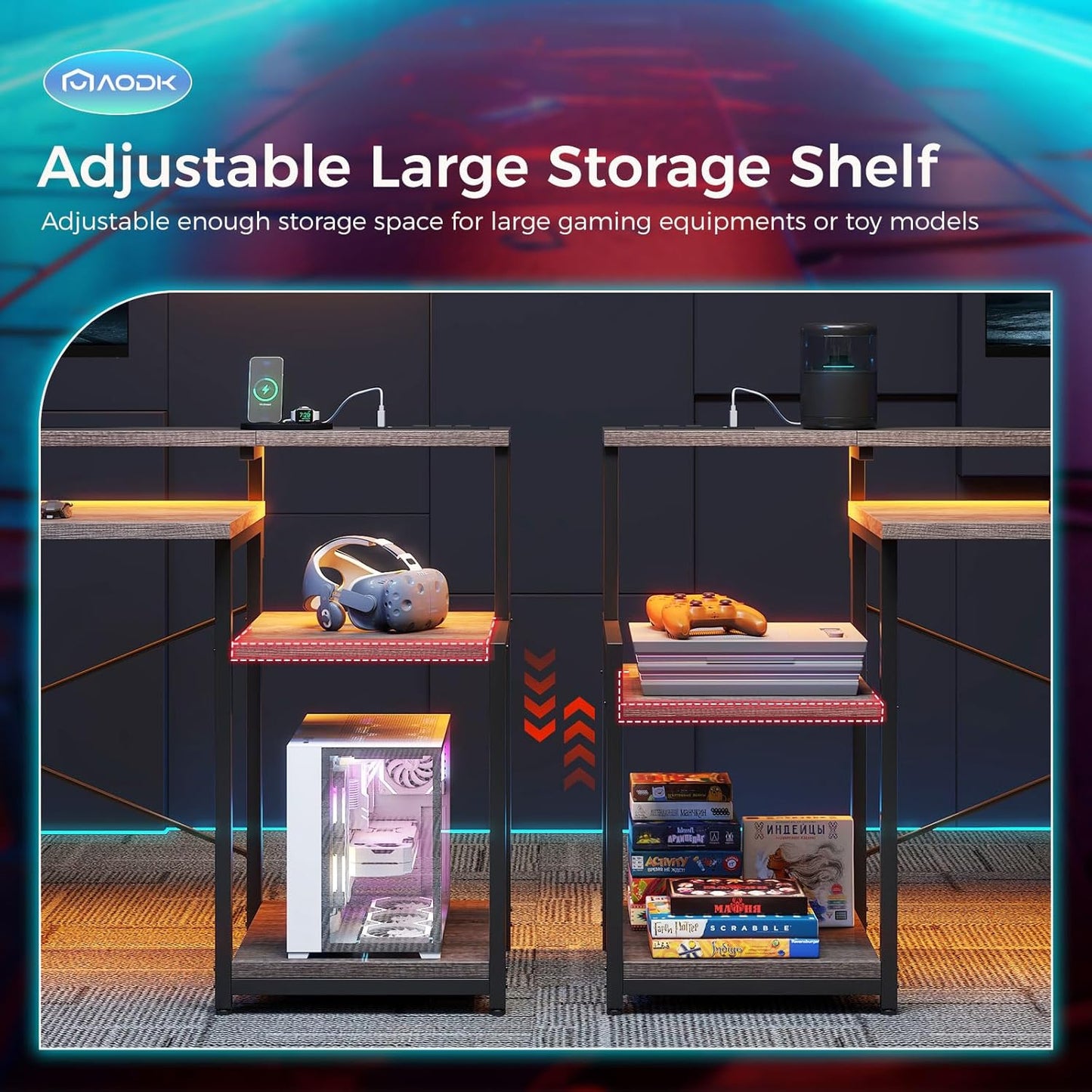 AODK Computer Desk, 48 Inch Gaming Desk with Led Lights & Power Outlet, Office Desk with Storage Shelves, Reversible Desk with Monitor Shelf & Headphone Hook, Grey Oak