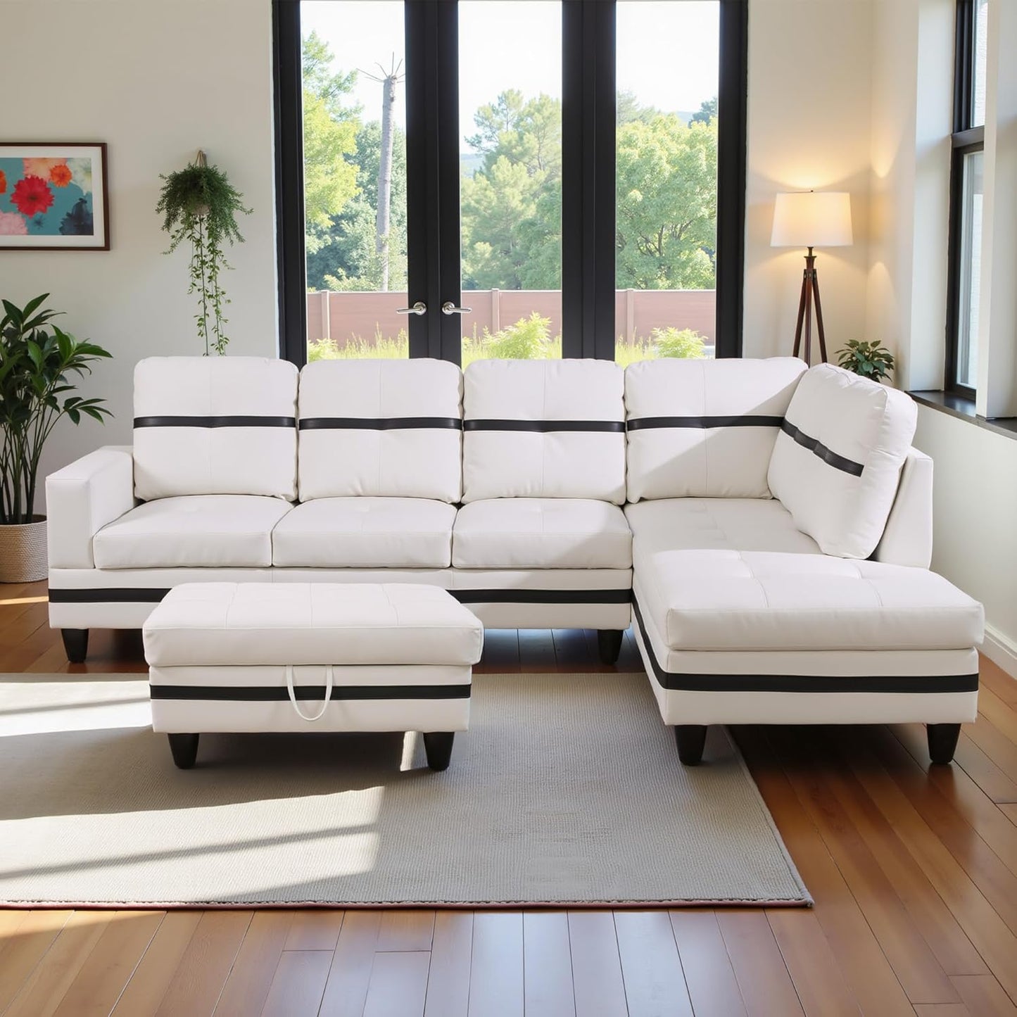 103.5" Oversized Sectional Couch, L Shaped Couch with Storage Ottoman, Modern Modular Sofa with Deep Seat, Sectional Couches for Living Room and Office, White and Black (PU Leather)