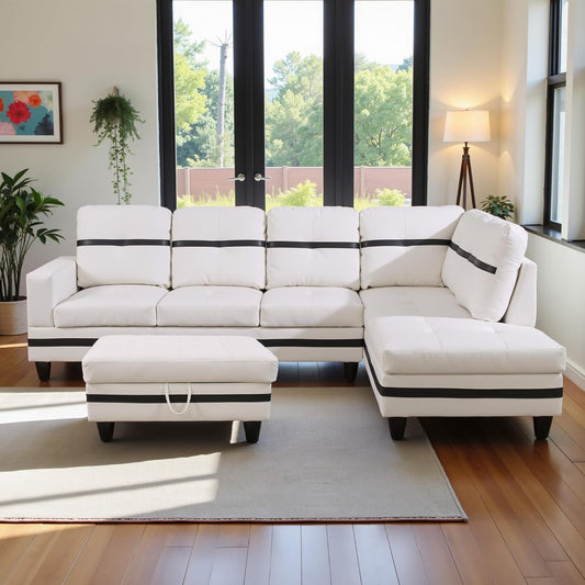 103.5" Oversized Sectional Couch, L Shaped Couch with Storage Ottoman, Modern Modular Sofa with Deep Seat, Sectional Couches for Living Room and Office, White and Black (PU Leather)