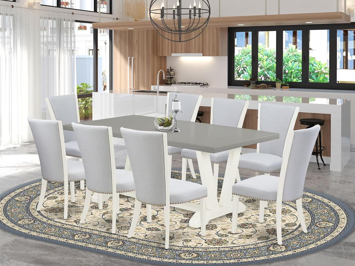 East West Furniture V097VE005-9 9 Piece Modern Dining Table Set Includes a Rectangle Wooden Table with V-Legs and 8 Grey Linen Fabric Upholstered Chairs, 40x72 Inch, Multi-Color