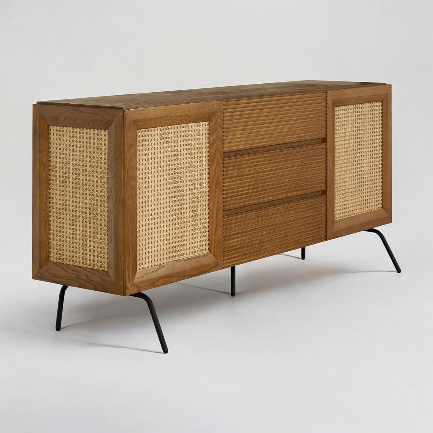 NTC MOSSIC Sideboard with 2 Doors and 3 Drawers, Buffet Cabinet with Natural Rattan and Metal Legs, Modern Storage Cabinet for Living Room, and Hallway, Effortless Assembly - Rustic Oak