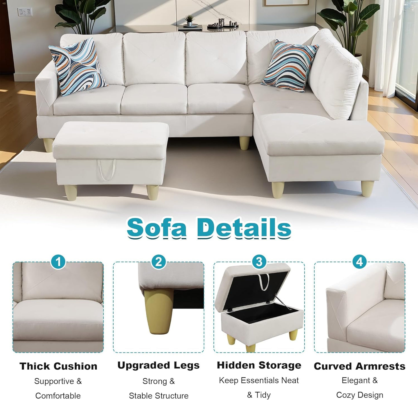 97" Oversized Sectional Couch, L Shaped Couch with Storage Ottoman, Modern Modular Sofa with Deep Seat, Sectional Couches for Living Room and Office, White (Flannel)