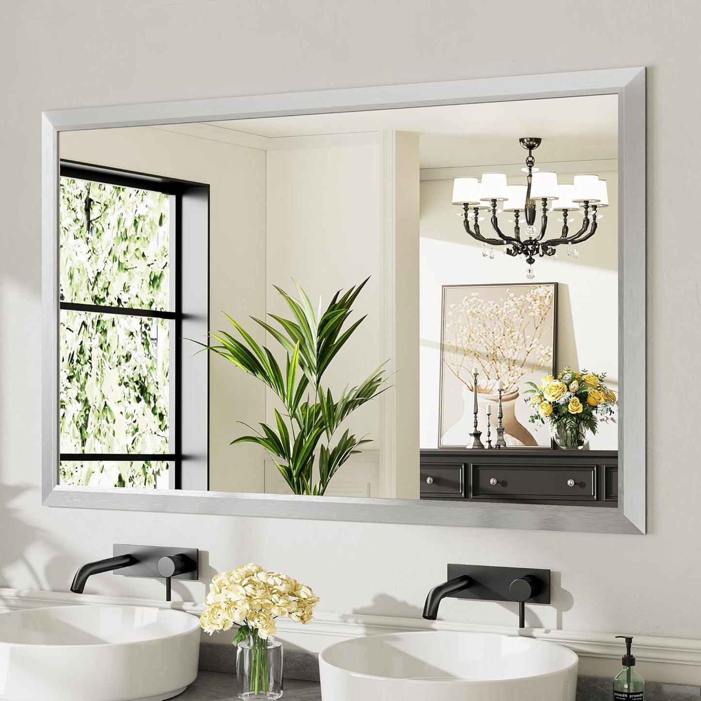 55x36 Inch Silver Bathroom Mirror for Wall, Thick Metal Framed Rectangle Mirrors for Over Sink, Bedroom, Living Room, Entryway, Anti-Rust, HD Tempered Glass