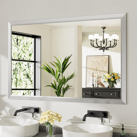 55x36 Inch Silver Bathroom Mirror for Wall, Thick Metal Framed Rectangle Mirrors for Over Sink, Bedroom, Living Room, Entryway, Anti-Rust, HD Tempered Glass