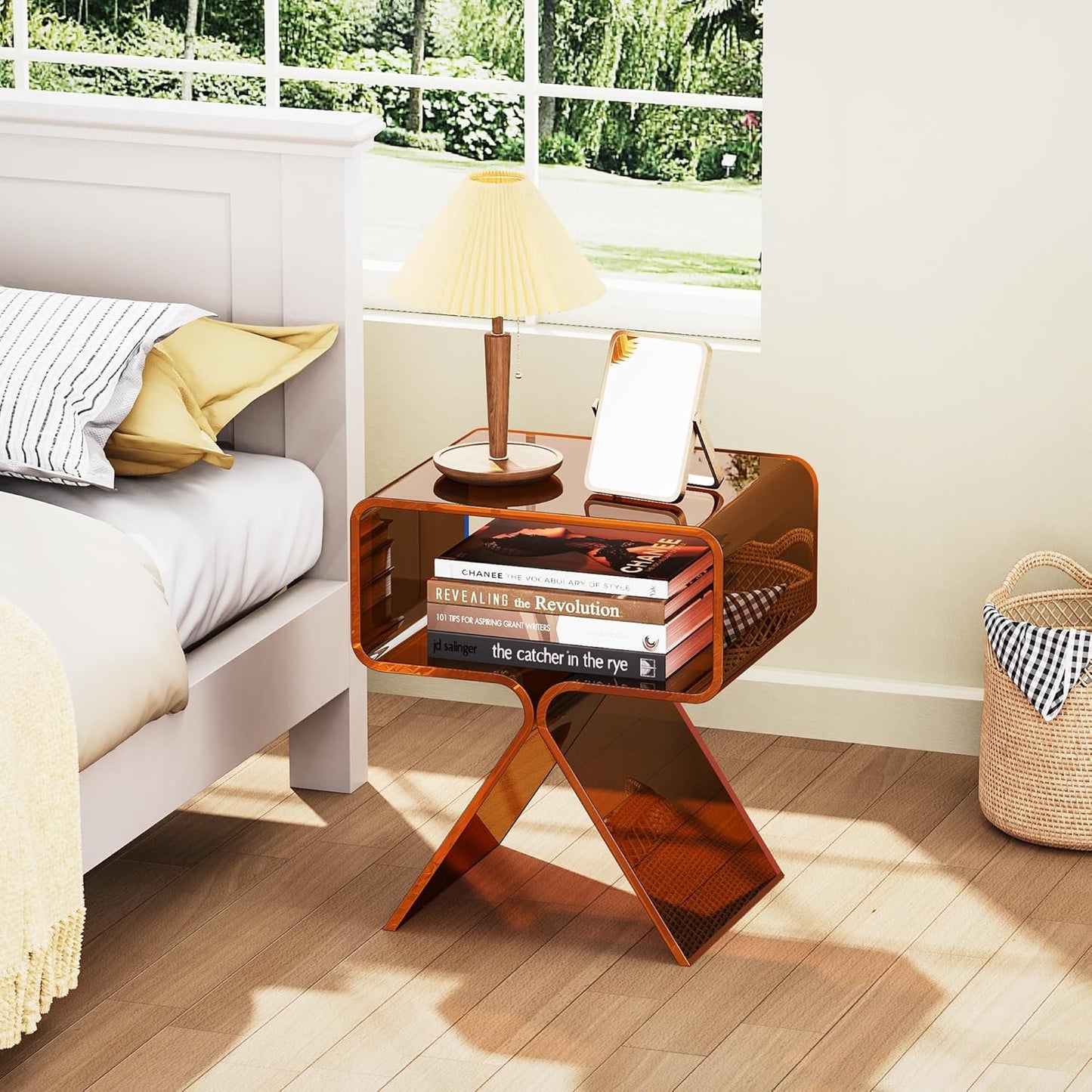 Acrylic Nightstand Side Table Modern Design Clear Home Decor Display End Table for Living Room (Dark Brown)