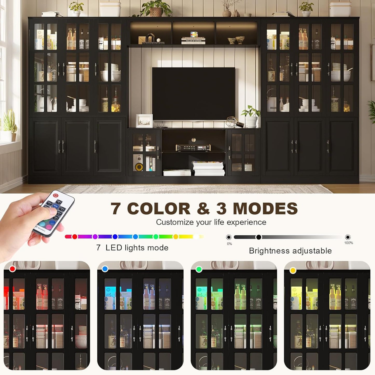 4-Piece Wall Unit TV Stand with Storage & LED Lights for TVs up to 75", Modern Entertainment Center with Bookshelves & 6-Door Pantry Cabinet, Black