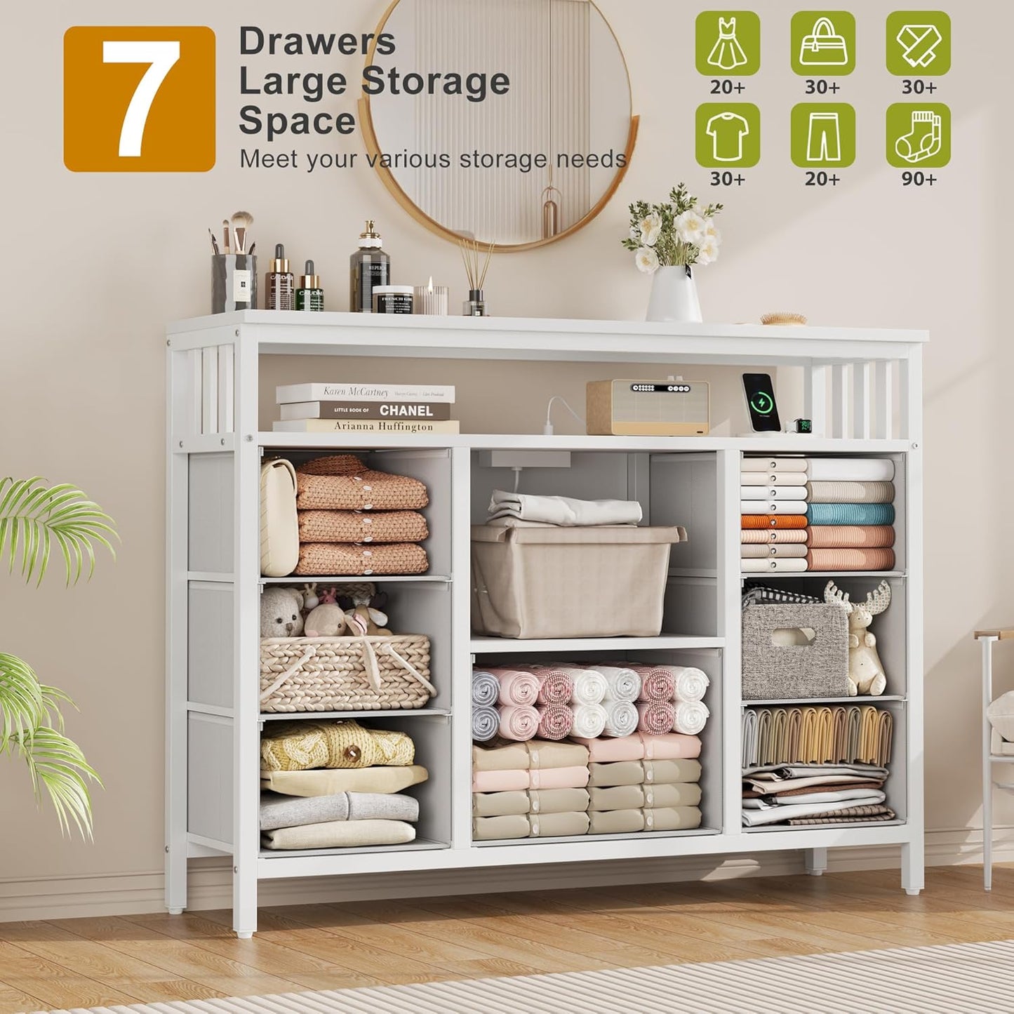 7 Drawer Dresser TV Stand with Power Outlets and LED Lights, Entertainment Center with Open Shelf, Media Console for 50“ TV, Dresser for Bedroom (White)