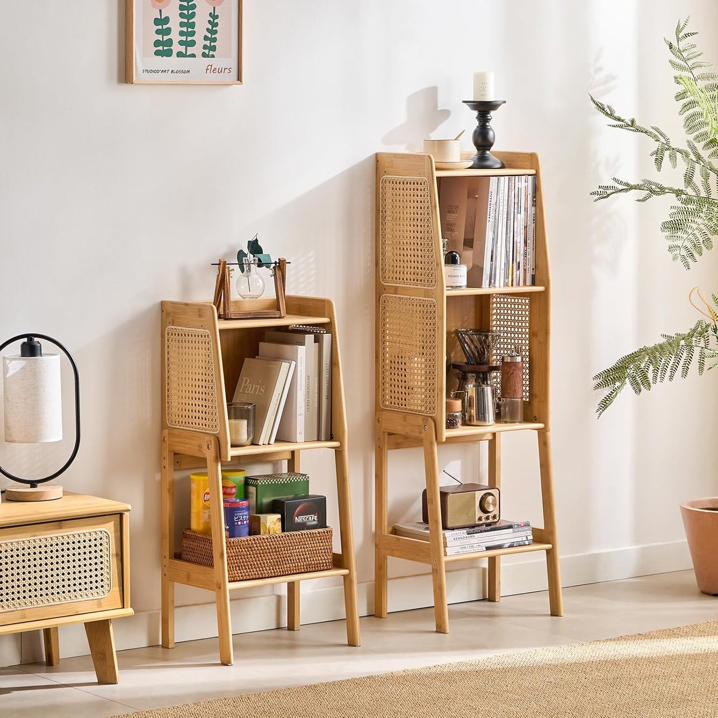 Welnow Bamboo Rattan Bookcase with Cabinet, 1-Tier Storage Shelf with Side Table & End Table Function, Large Modern Wood Organizer for Living Room or Bedroom, Natural Bookshelf