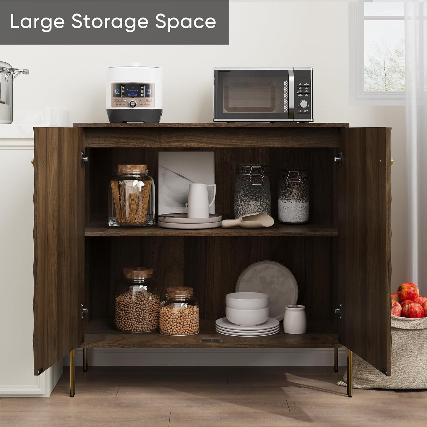 Smuxee Walnut Sideboard Cabinet, Freestanding Buffet Cabinet with Golden Metal Feet, Wood Storage Cabinet with Adjustable Shelf for Living Room, Entryway, Hallway