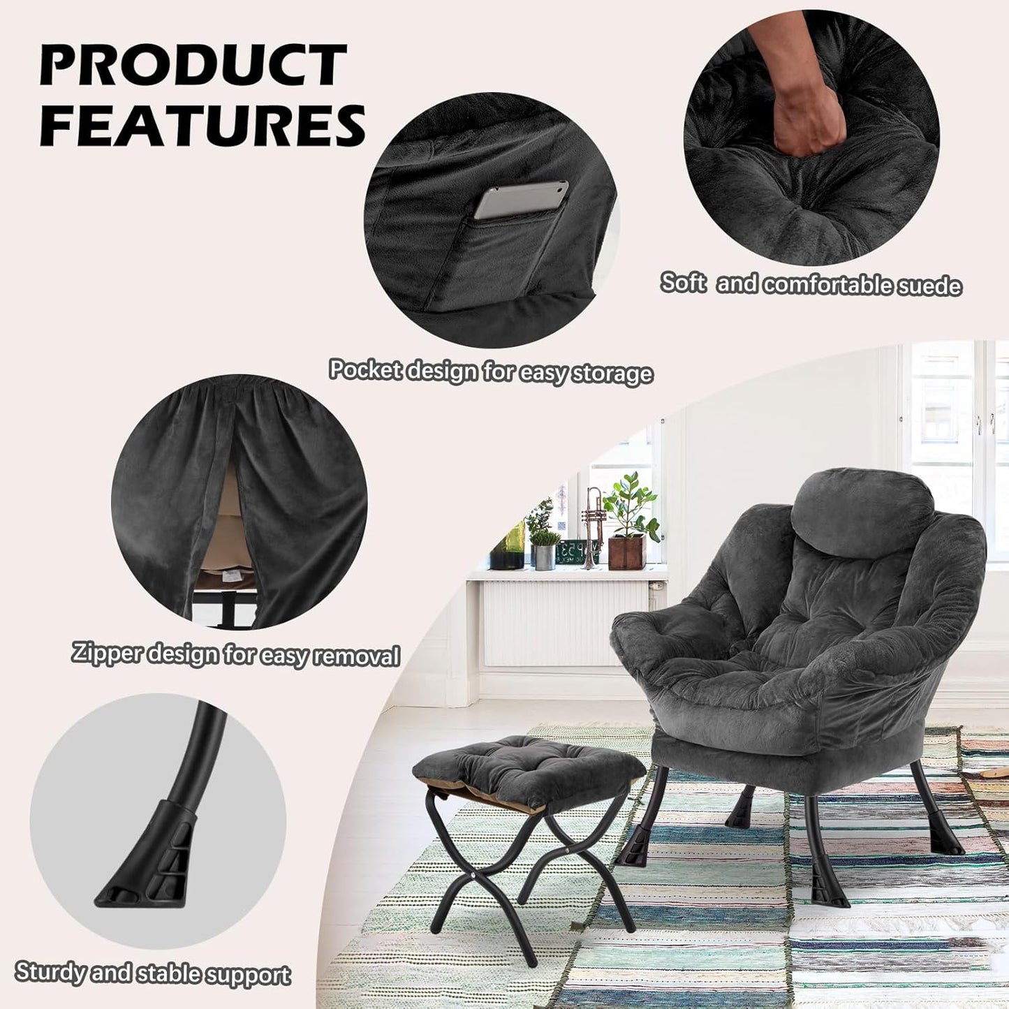 Lazy Chair with Folding Ottoman,Leisure Sofa Chair,Soft Fabric Armchair with Armrests and Side Pockets, Reading Chair with Footrest for Living Room, Bedroom, Office (Plush Dark Grey)