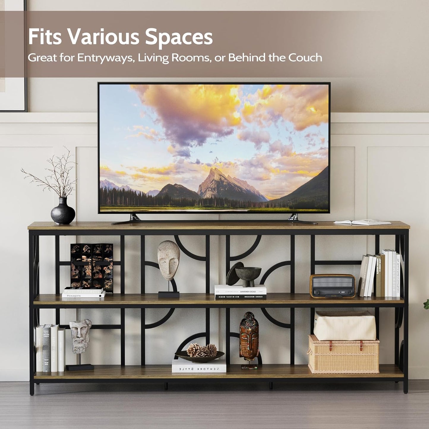 70.9-Inch Industrial Sofa Table, Extra Long Console Table Behind Couch with 3-Tier Storage Shelves, Rustic Brown Finish for Entryway, Living Room, Foyer, Hallway, and Office