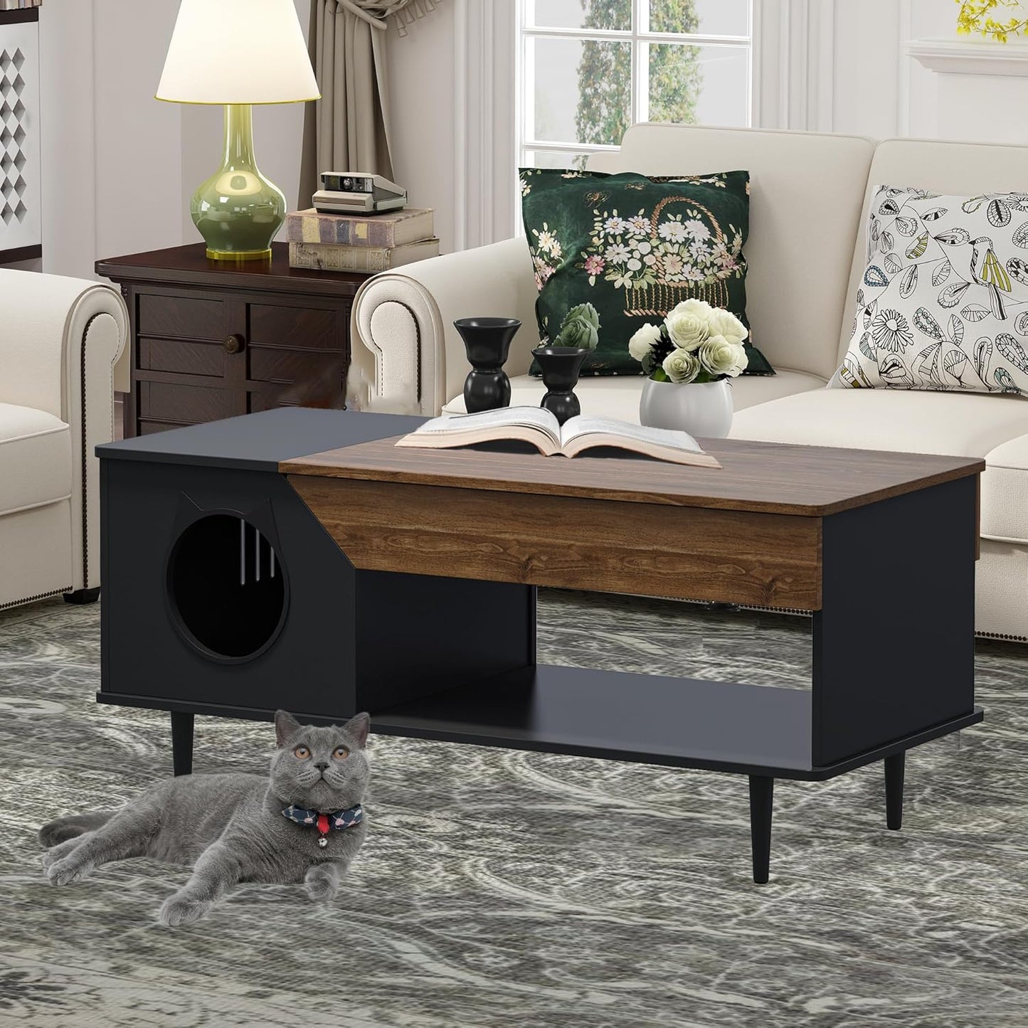 GAOMON Black Coffee Table 45'' Cat Living Room Tables with Storage Drawer, Wooden Rustic Coffee Table with Cat House, Multifunctional Hidden Kitty Litter Box Furniture