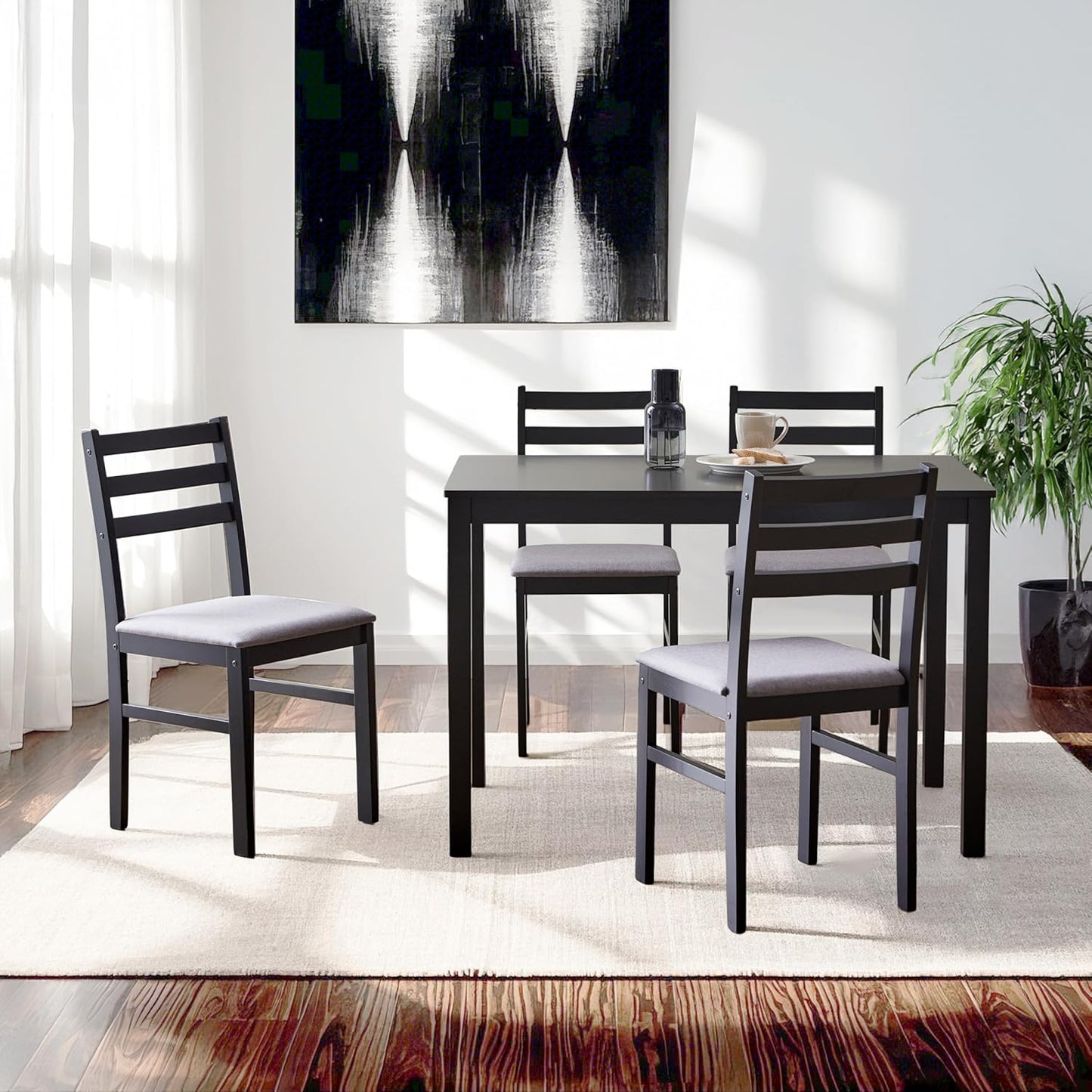 Livinia Seattle Modern Farmhouse Kitchen Dining Room Chair Set of 2, Solid Wood Fabric Upholstered Cushion Seat Wood Ladder Back Chairs (Black)