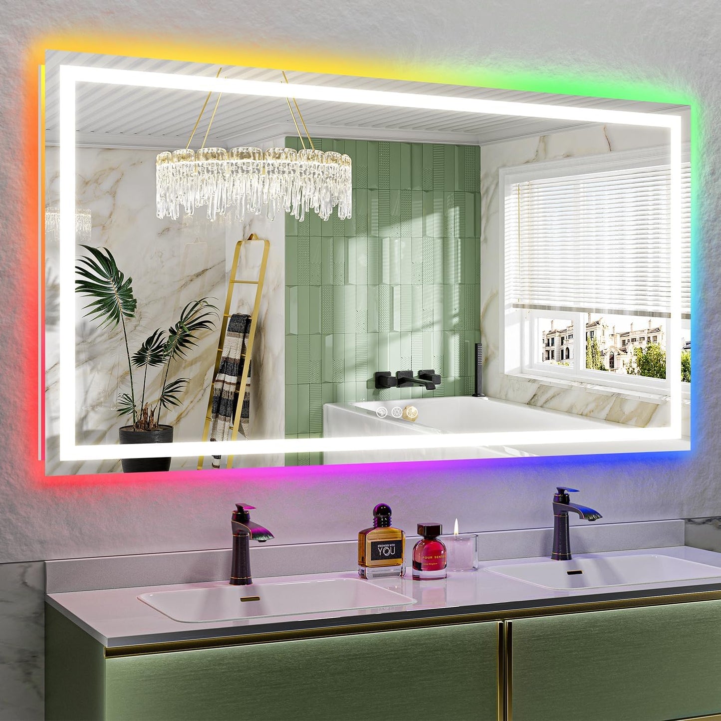 68x38 Inch RGB LED Bathroom Mirror Front Light and RGB Backlit Lighted Vanity Mirror for Bathroom Wall Mounted Dimmable Anti Fog Memory Shatter-Proof IP54 Waterproof Horizontal/Vertical