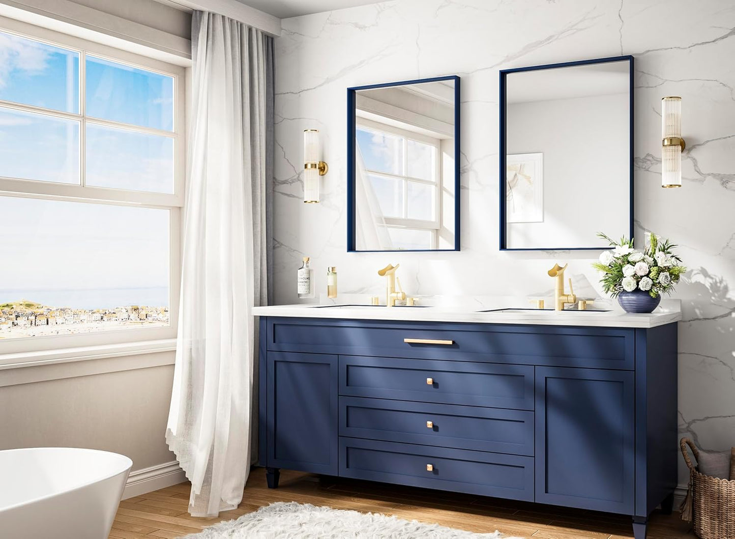 Keonjinn Blue Bathroom Mirror 22 x 30 in, Metal Framed Rectangular Wall Mirror, Square Corner, Modern Farmhouse, Rectangle Navy Blue Mirrors for Bathroom Sink(Horizontal/Vertical)