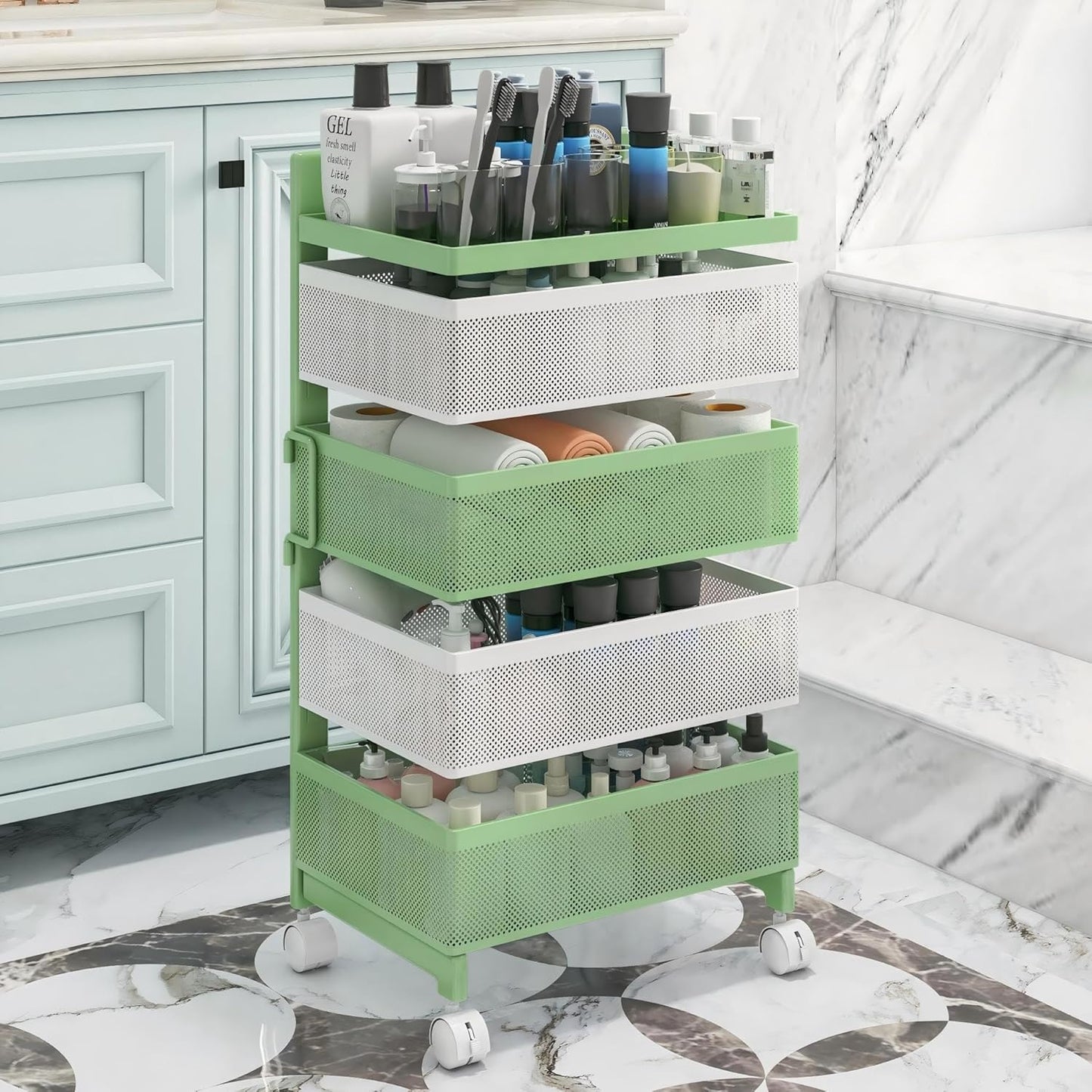 Fruit Basket for Kitchen No Assembly 4-Tier Rotating Storage Rack, Vegetable Storage Cart，Bathroom Shelf,Storage Drawer Cart,Kitchen Organizers and Storage Cart(Green White, 4 Tier-Square)