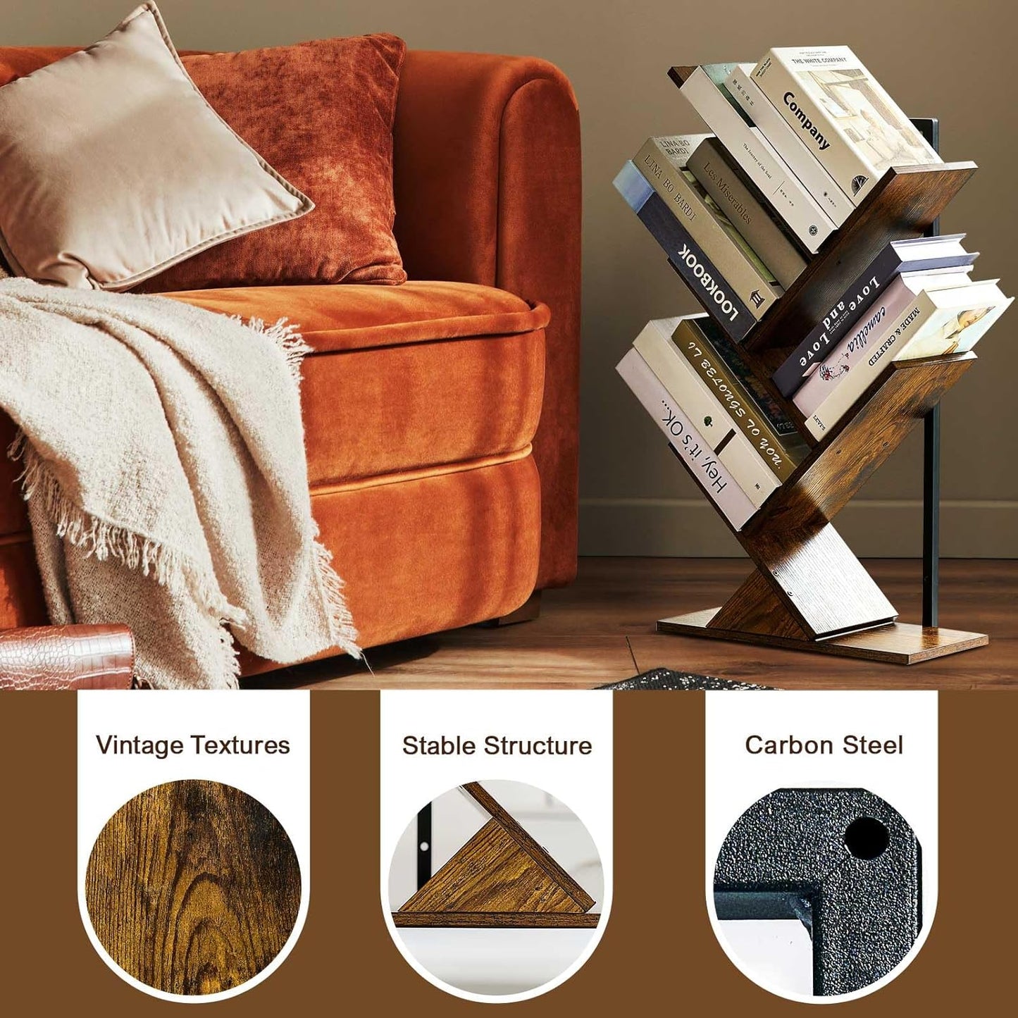 5 Tier Tree Bookshelf Floating Book Shelves for Wall Mount, Wooden Hanging Shelves Storage for Displaying Books/CDs/Magazine, Unique Wall Bookcase Organizer Shelves for Home, Office, Living Room