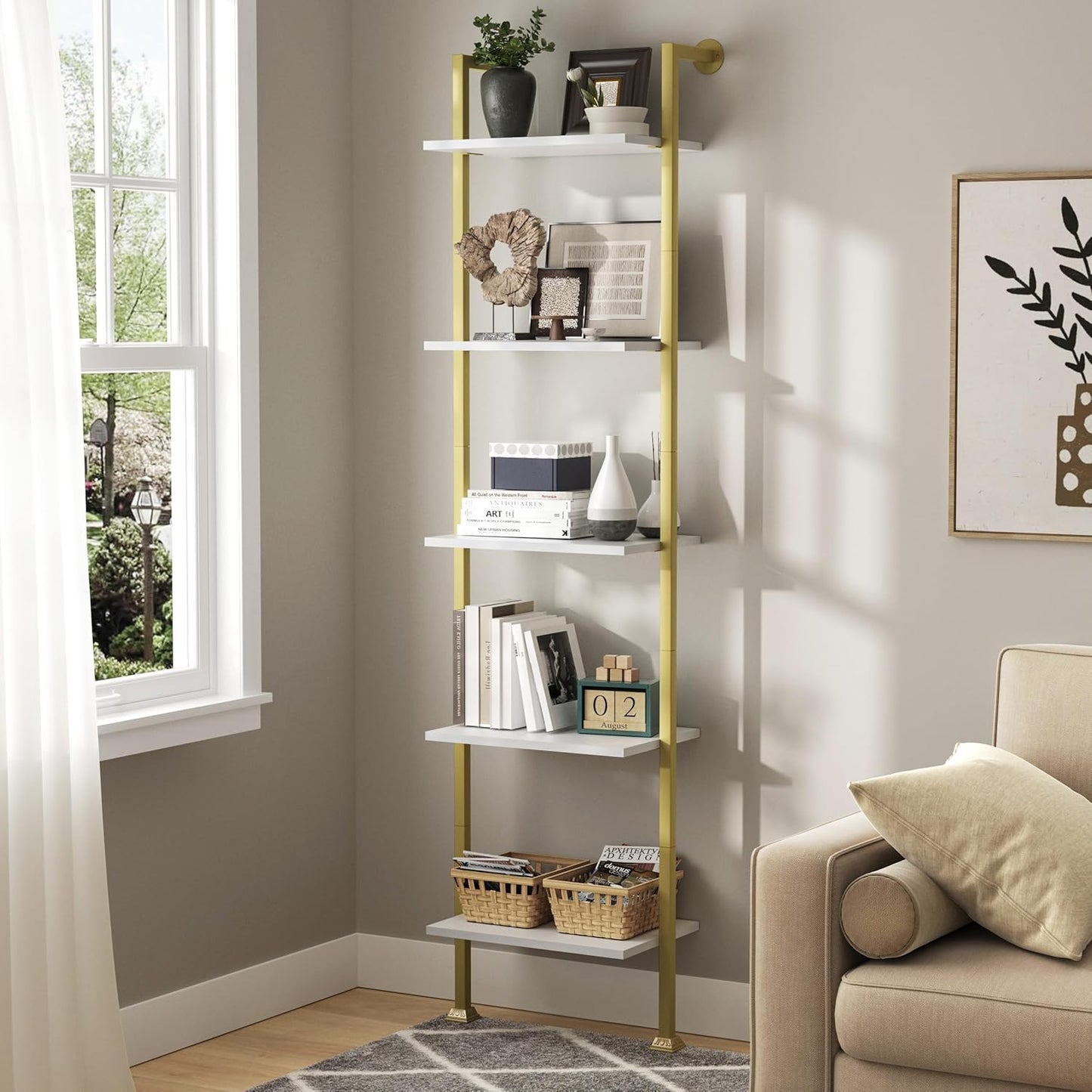 Axeman 5-Tier Ladder Bookcase, Tall Narrow Bookshelf for Small Spaces, Modern Book Storage Organizer Case Open Shelves for Living Room, Bedroom，Office, Library, Gold and White